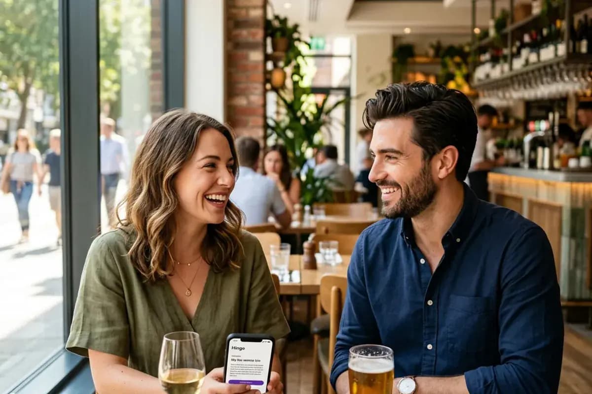 Happy couple meeting for the first time at a bright restaurant