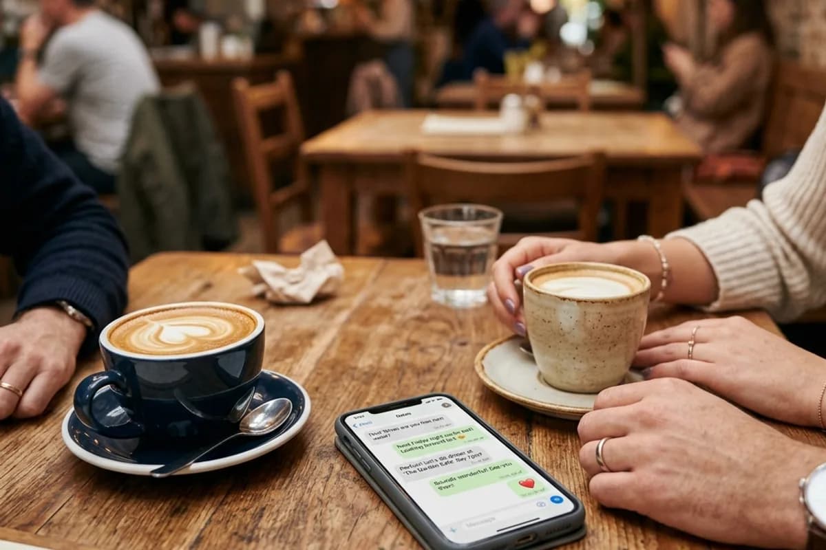 Two coffee cups on a cafe table with phone showing a dating conversation