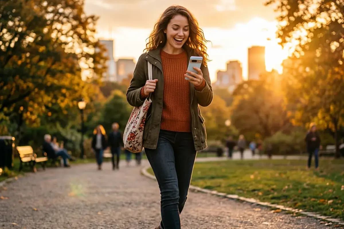 Happy woman checking phone notification in a park at sunset