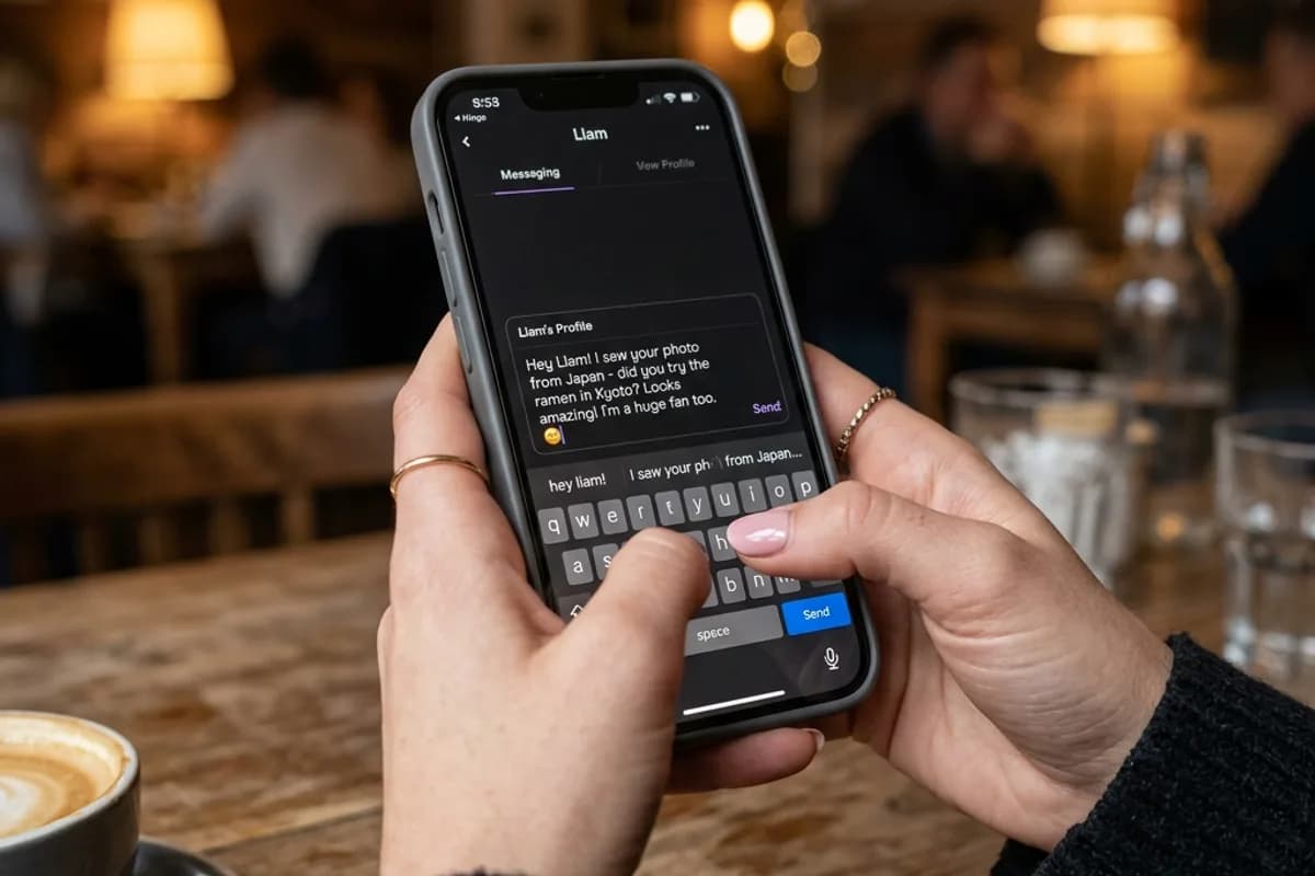 Close-up of woman typing a creative opening message on her smartphone