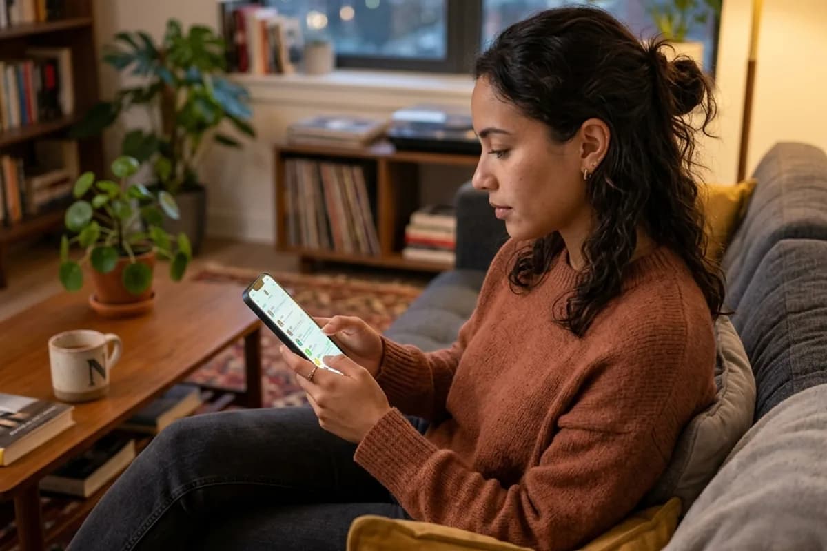 Person on couch deciding which messaging app to use for a dating conversation