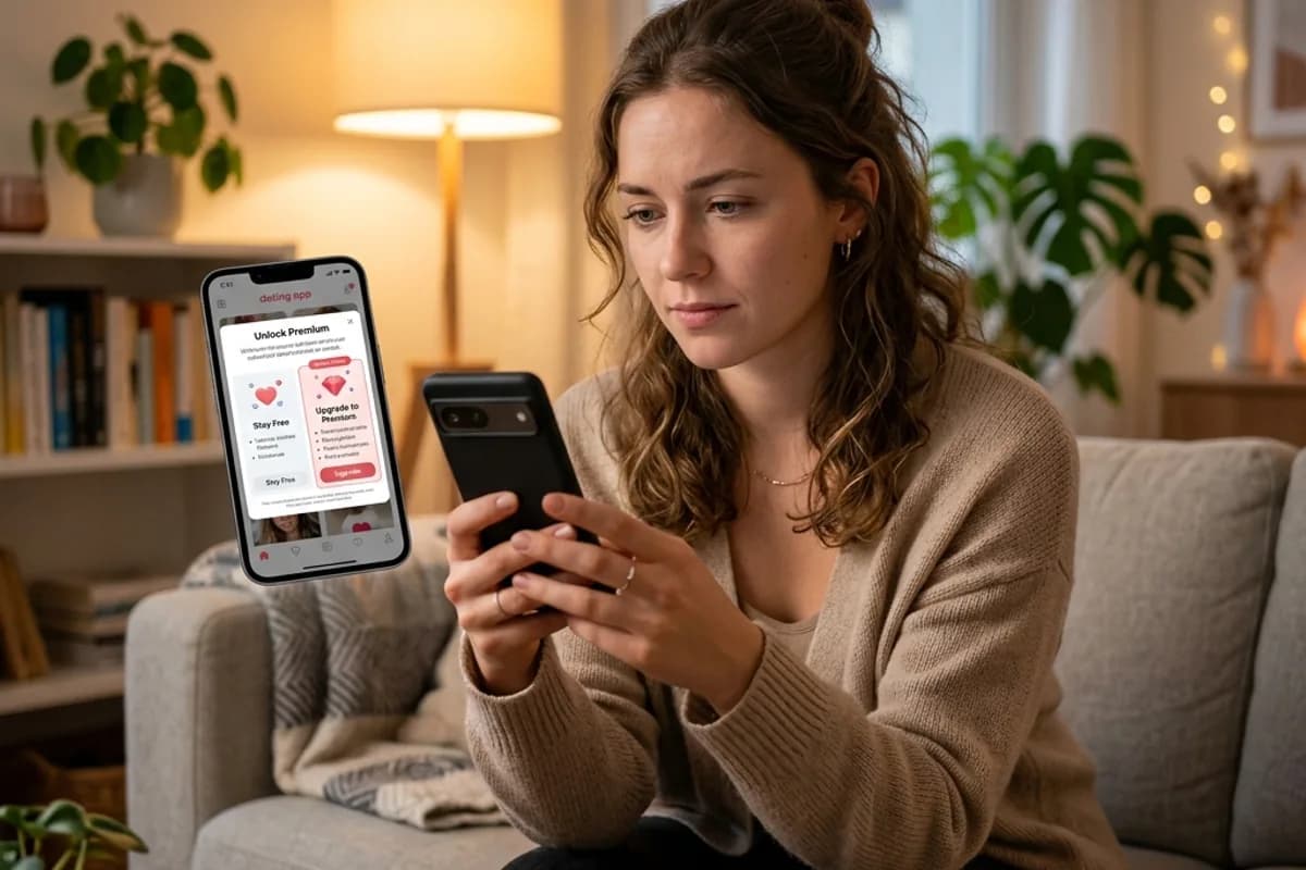 Person considering a dating app subscription upgrade on their phone