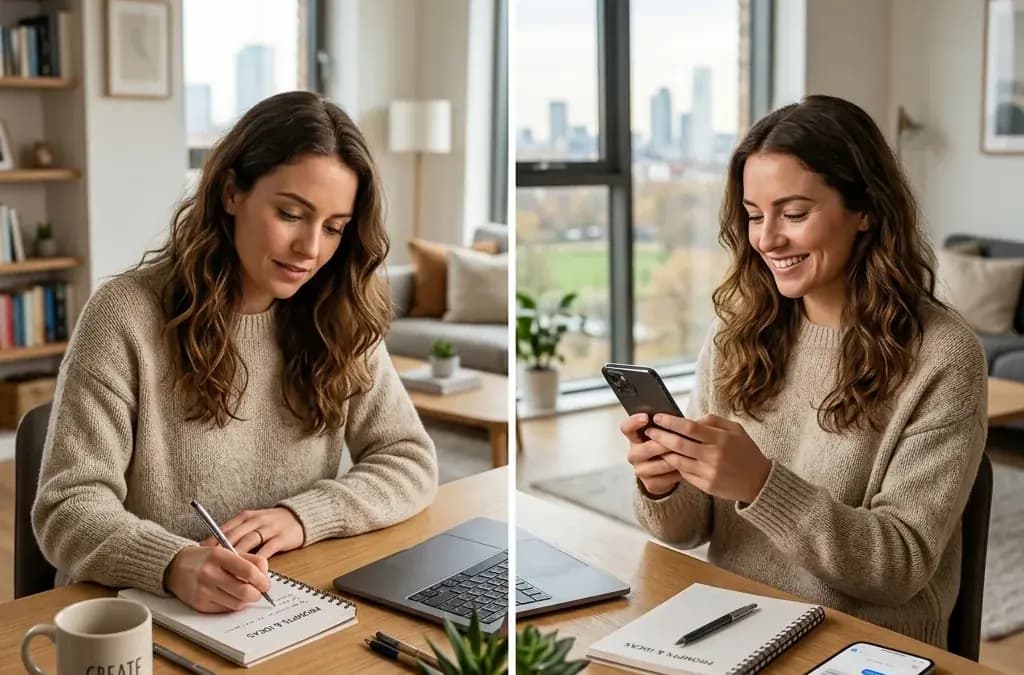 Person thoughtfully writing dating profile prompts and reading messages at home