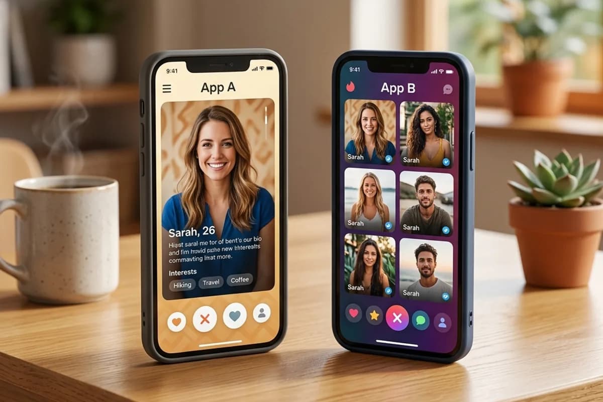Two smartphones side by side comparing Hinge and Tinder dating apps
