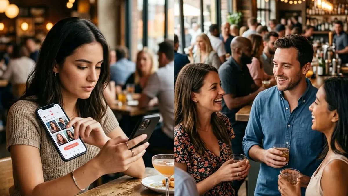 Person using a dating app alongside people meeting naturally at a social event