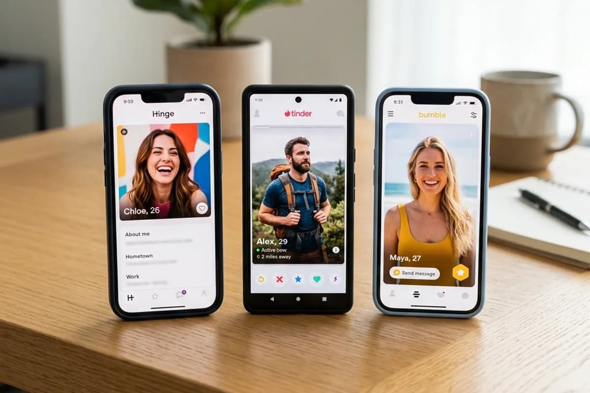 Three smartphones displaying different dating apps for comparison