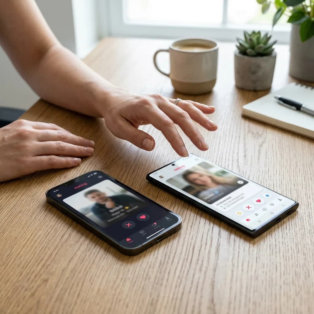 Two smartphones side by side showing different dating apps with a hand deciding between them
