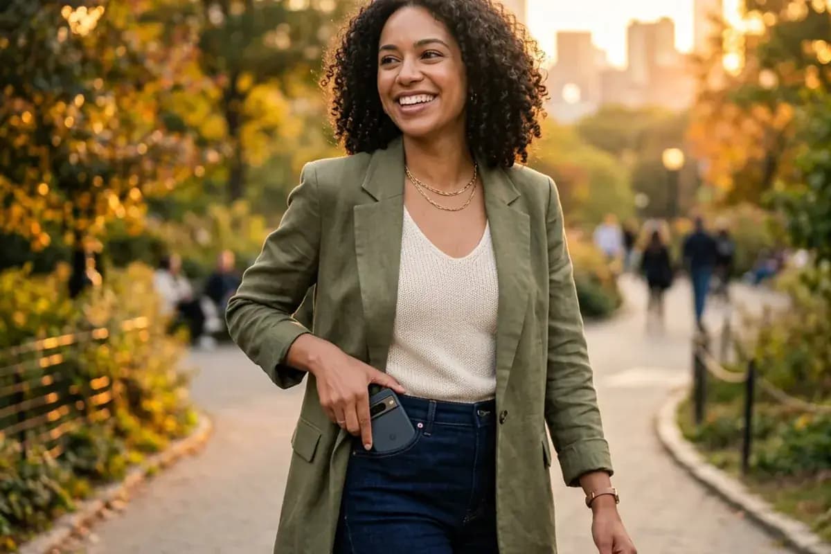 Confident person outdoors at golden hour after completing their dating profile