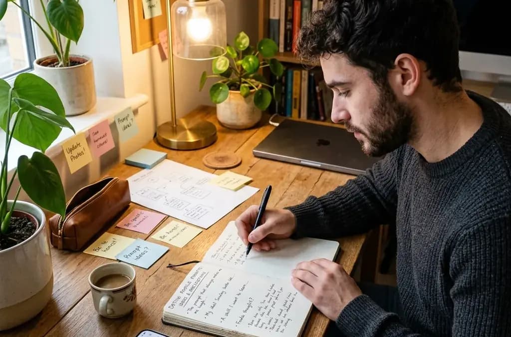 Young man brainstorming dating profile prompt ideas at a creative workspace with notepad