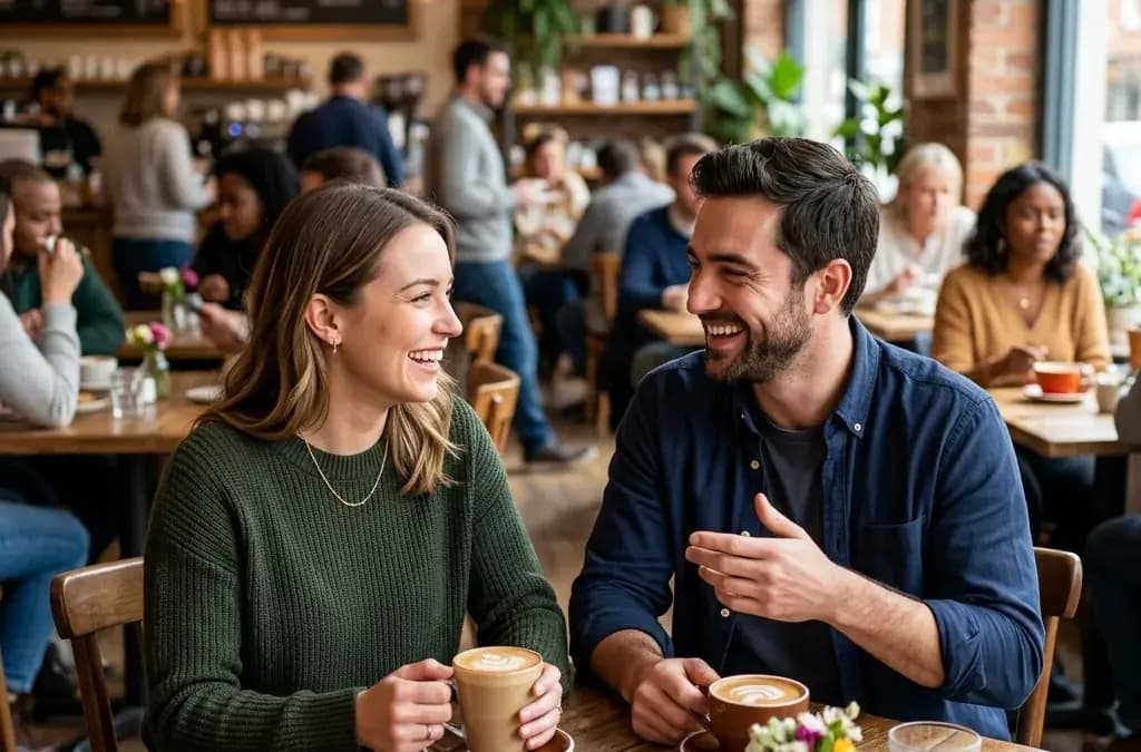 Two people having an enjoyable comfortable first date conversation at a well-lit public cafe