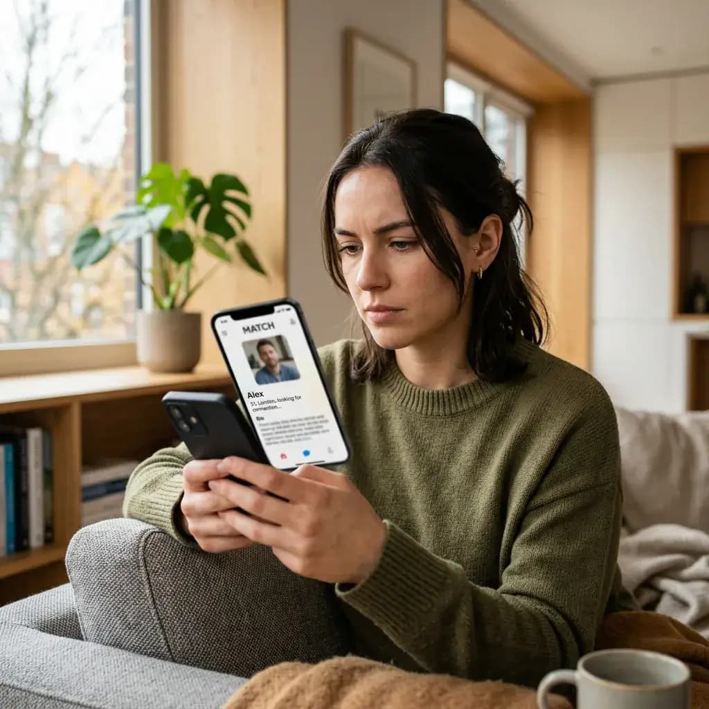 Person checking a suspicious dating profile on smartphone with a serious calm expression