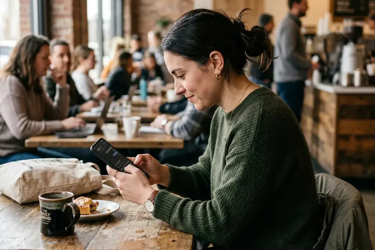 Person using smartphone with privacy screen protector at a public cafe