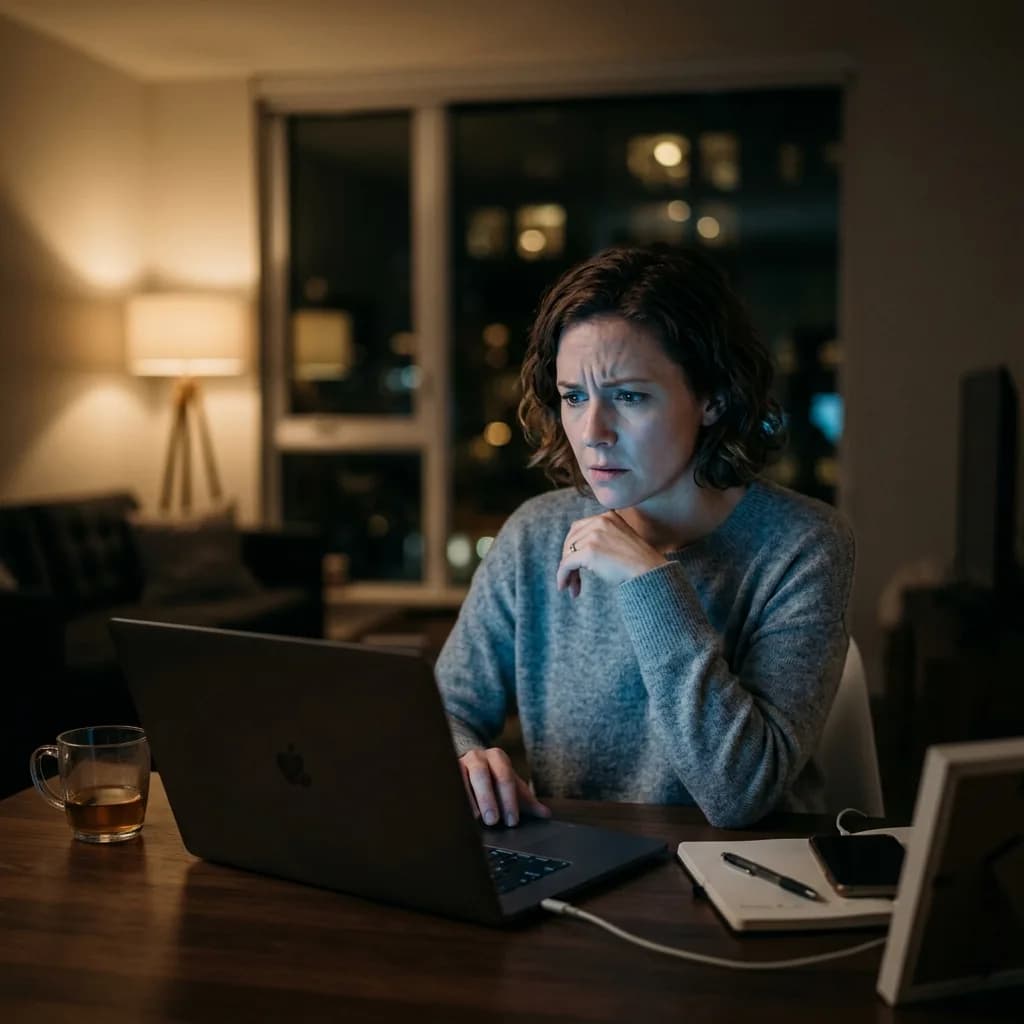 Concerned person sitting at desk at night looking at laptop screen realizing romance scam warning signs