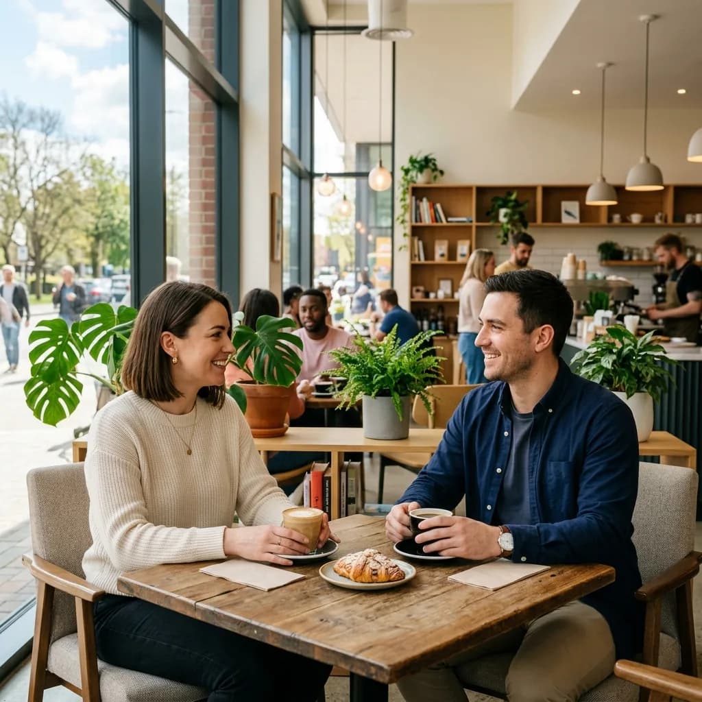 Two people meeting safely for a first date at a bright public cafe