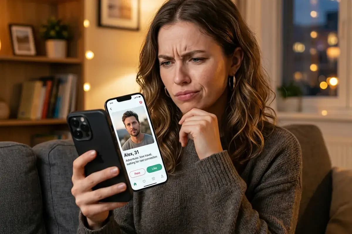 Person looking skeptically at a suspicious dating app profile on phone