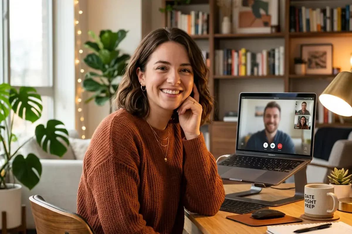 Person on a pre-date video call at their desk smiling at laptop