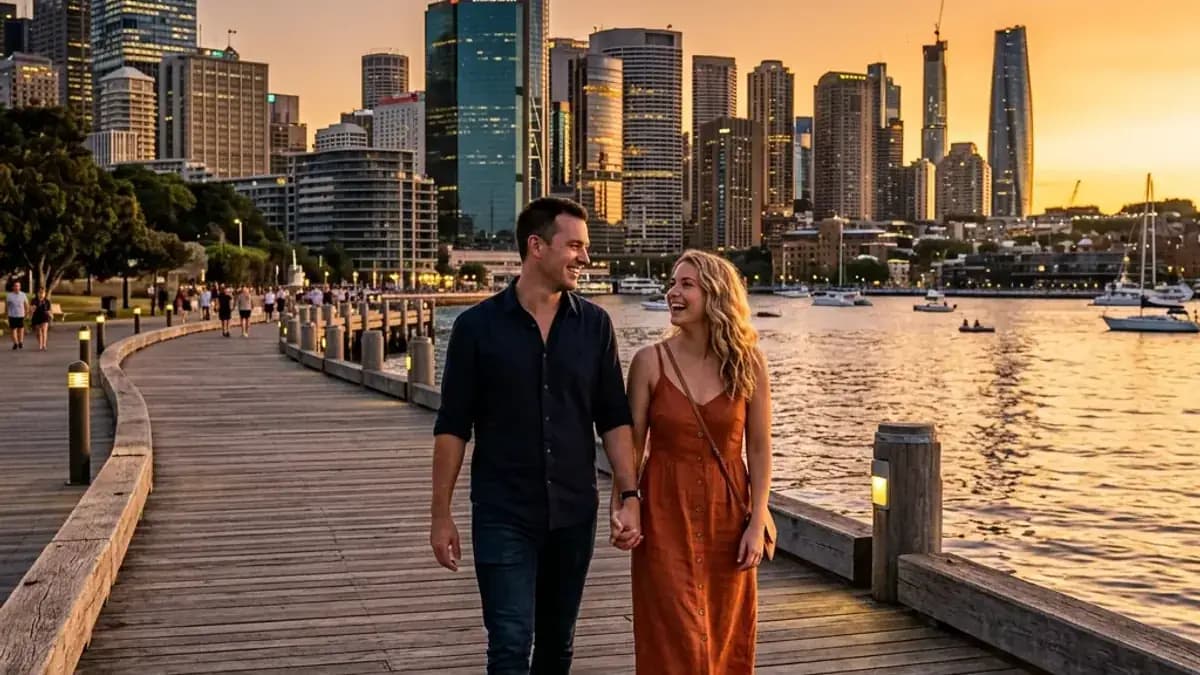 Couple walking along a waterfront boardwalk at sunset Couple walking along a waterfront boardwalk at sunset