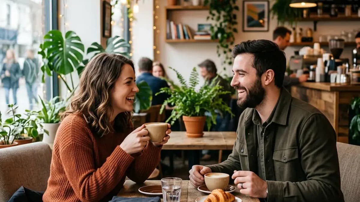 Couple enjoying a casual coffee date at a cozy independent coffee shop Couple enjoying a casual coffee date at a cozy independent coffee shop