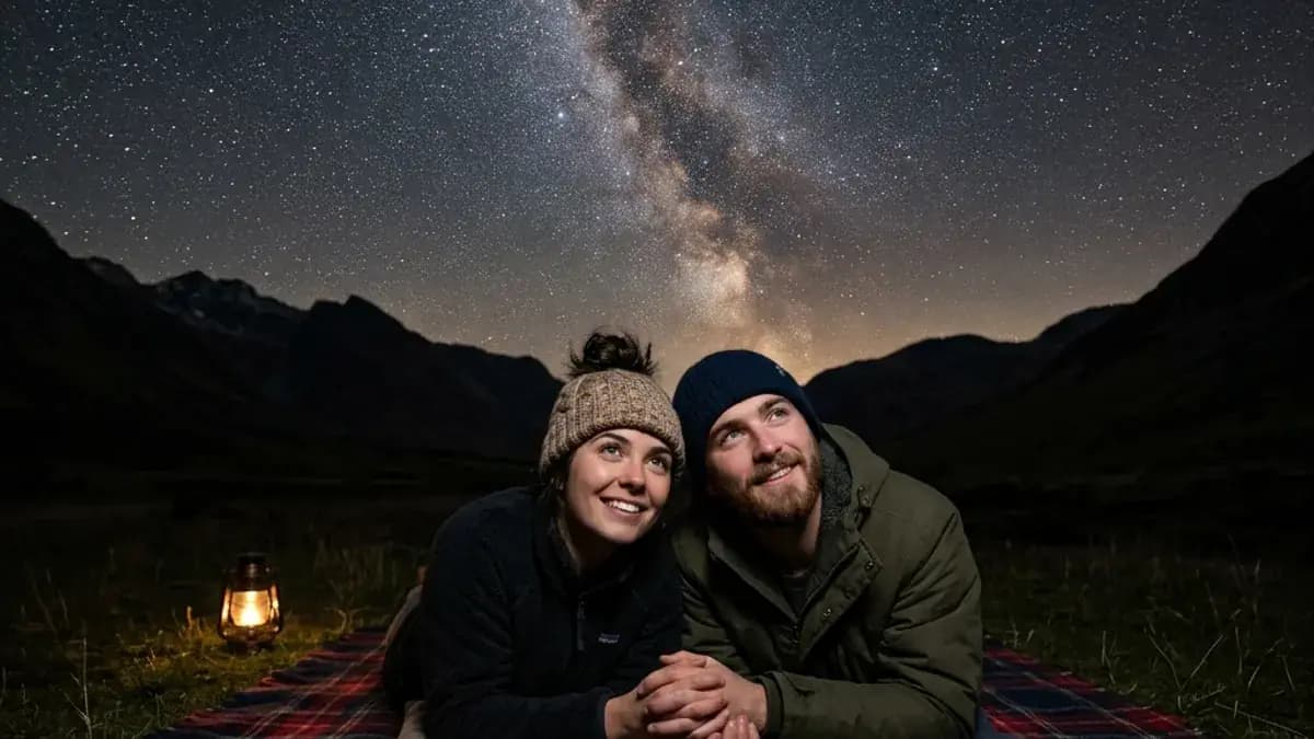 Couple stargazing together on a blanket in an open field at night Couple stargazing together on a blanket in an open field at night