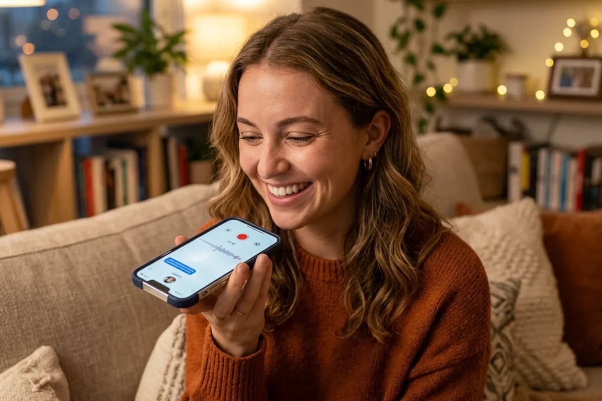 Person sending a voice note with a warm smile before a date Person sending a voice note with a warm smile before a date