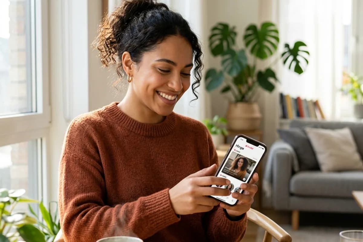 Person smiling satisfied after making a confident dating app decision Person smiling satisfied after making a confident dating app decision
