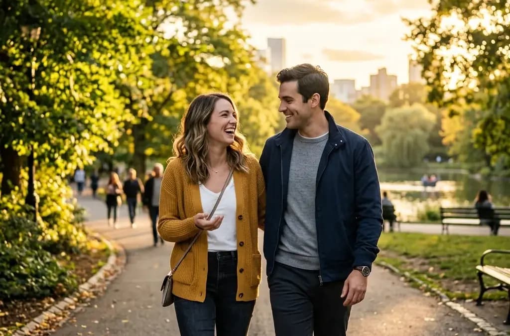 Happy couple walking together through a city park at golden hour after meeting online Happy couple walking together through a city park at golden hour after meeting online