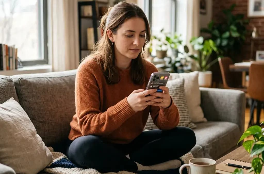 Woman reviewing dating app conversation threads on phone on modern sofa with tea Woman reviewing dating app conversation threads on phone on modern sofa with tea