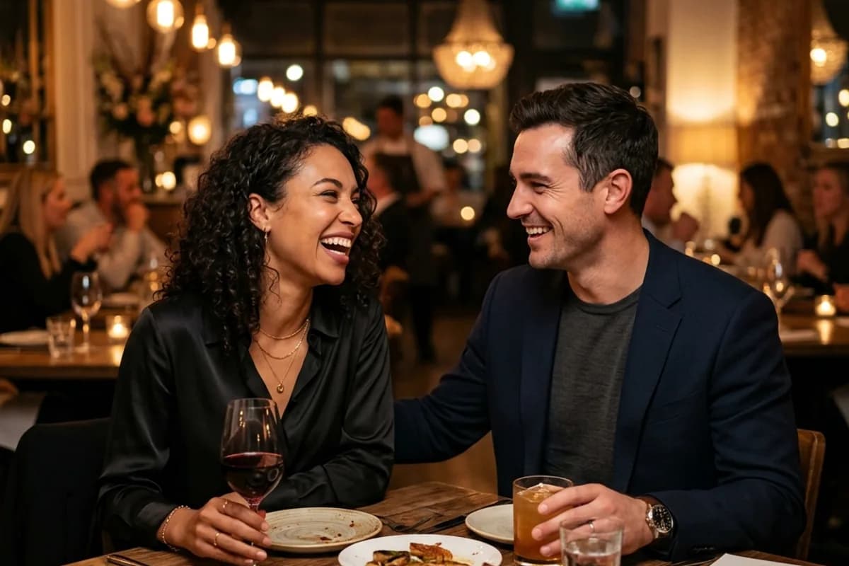 Happy couple on a date representing successful dating app match Happy couple on a date representing successful dating app match