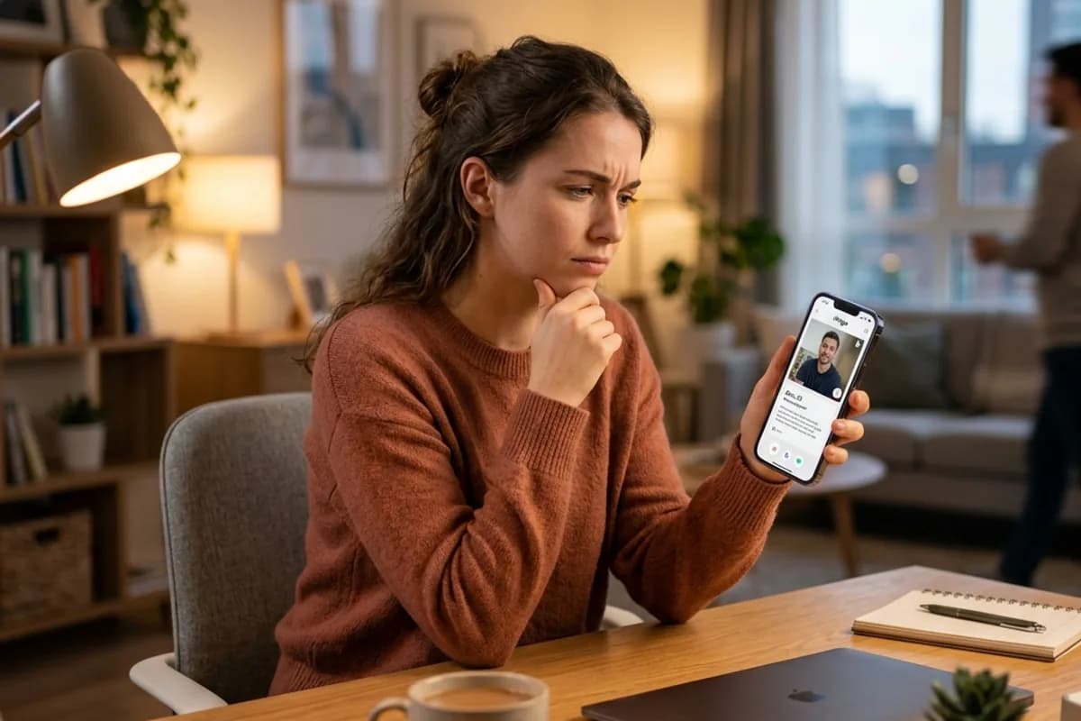 Person thoughtfully comparing dating app options on their phone Person thoughtfully comparing dating app options on their phone