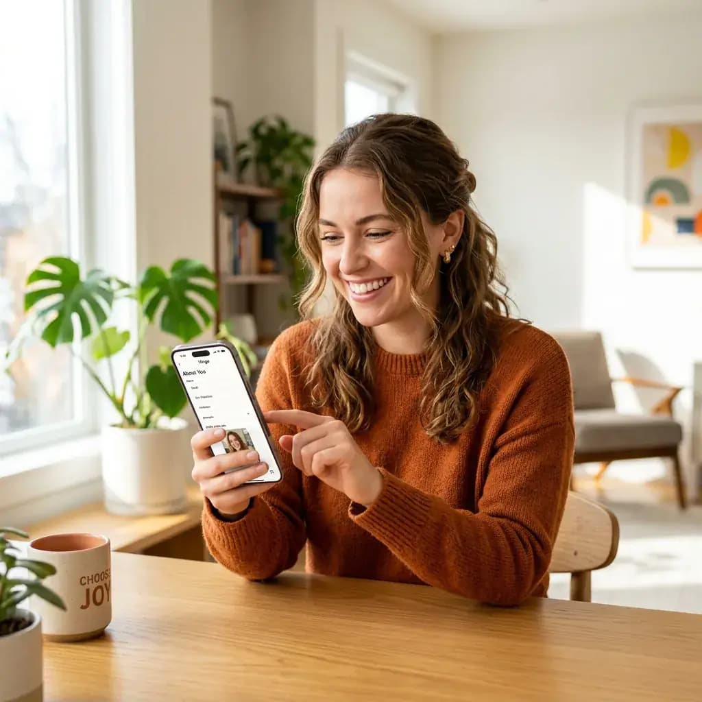 Person smiling confidently while setting up their dating app profile after making a decision Person smiling confidently while setting up their dating app profile after making a decision