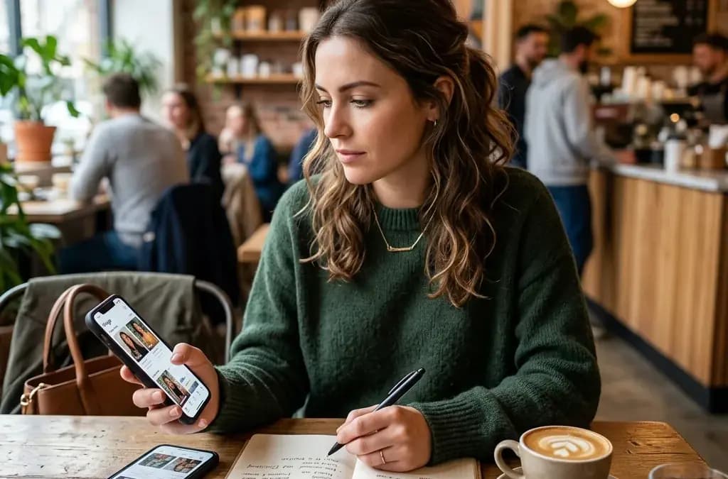 Person at cafe comparing dating app experiences while making notes in a journal Person at cafe comparing dating app experiences while making notes in a journal