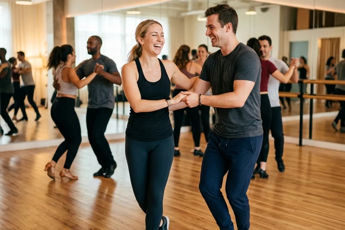 Couple dancing together in a group dance class with joyful expressions Couple dancing together in a group dance class with joyful expressions