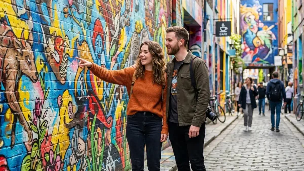 Couple exploring colorful street art murals together on an adventurous date Couple exploring colorful street art murals together on an adventurous date