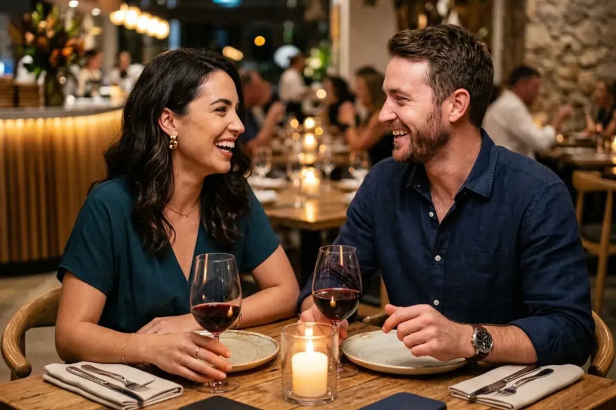 Couple at a restaurant on a date with phones face down showing engaged behavior Couple at a restaurant on a date with phones face down showing engaged behavior
