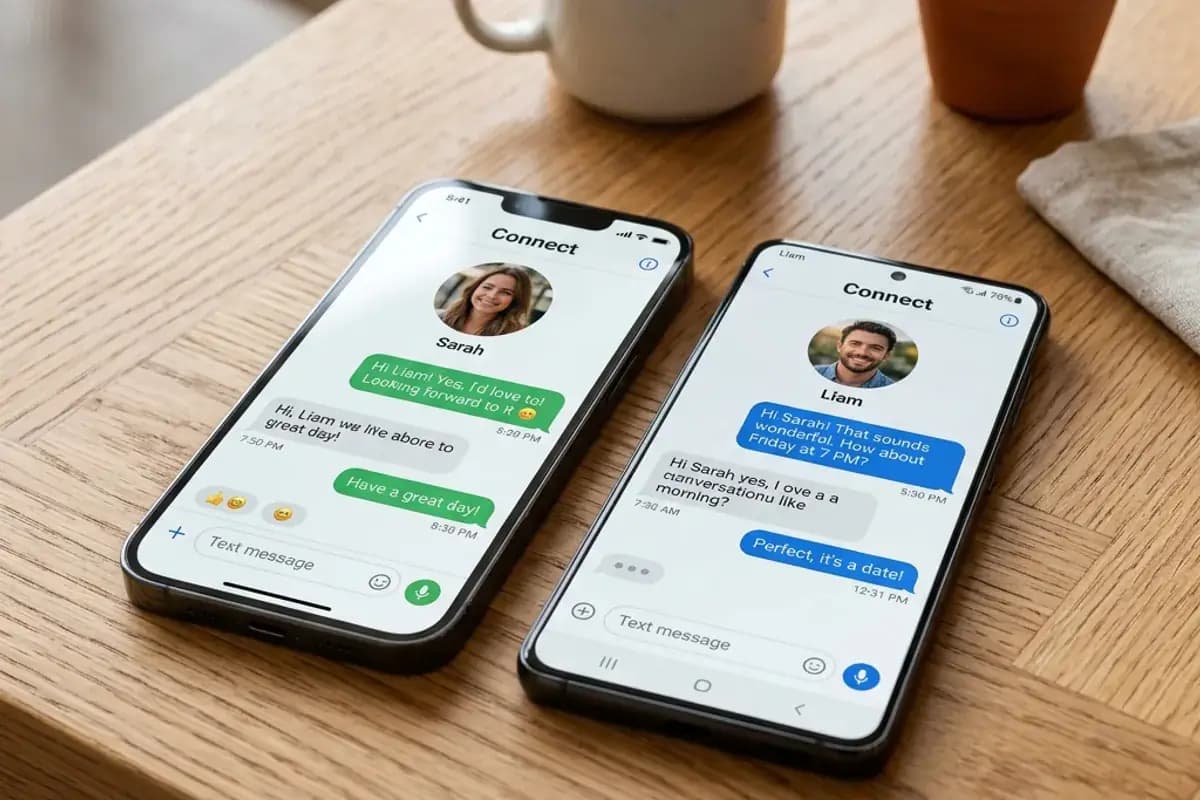 Two smartphones showing a respectful dating app conversation exchange Two smartphones showing a respectful dating app conversation exchange