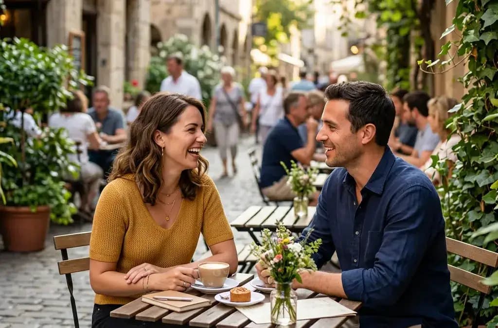 Happy couple meeting for the first time at an outdoor cafe terrace Happy couple meeting for the first time at an outdoor cafe terrace