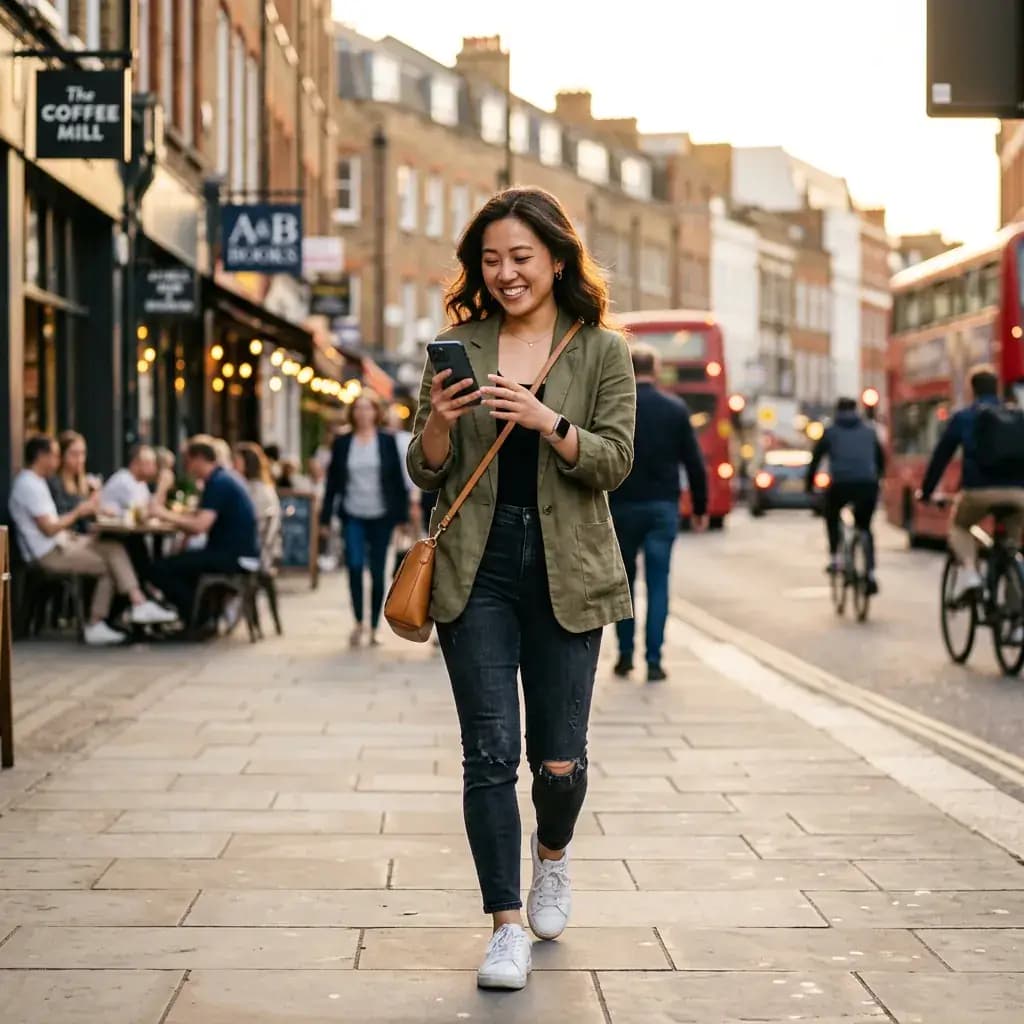 Confident person walking down a city street at golden hour smiling at their phone Confident person walking down a city street at golden hour smiling at their phone