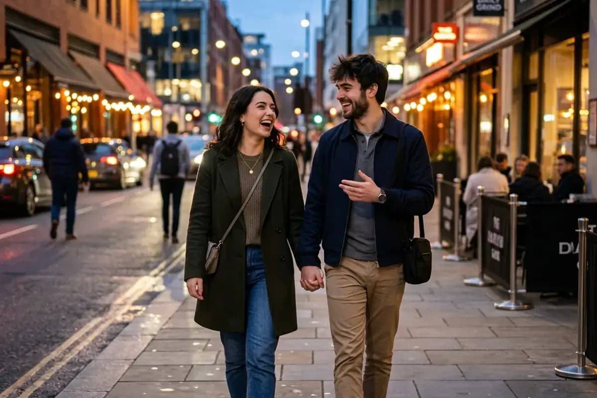 Happy couple walking together on a city sidewalk after a successful first date Happy couple walking together on a city sidewalk after a successful first date