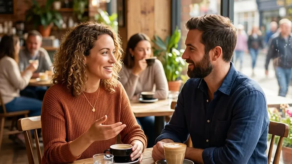 Two people deep in conversation at a bright cafe table with coffee Two people deep in conversation at a bright cafe table with coffee