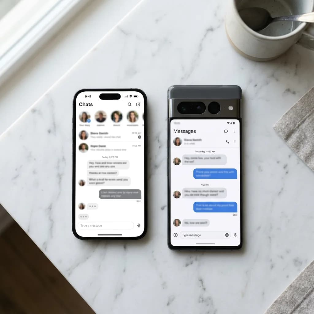 Two smartphones showing dating app conversations on a marble counter Two smartphones showing dating app conversations on a marble counter