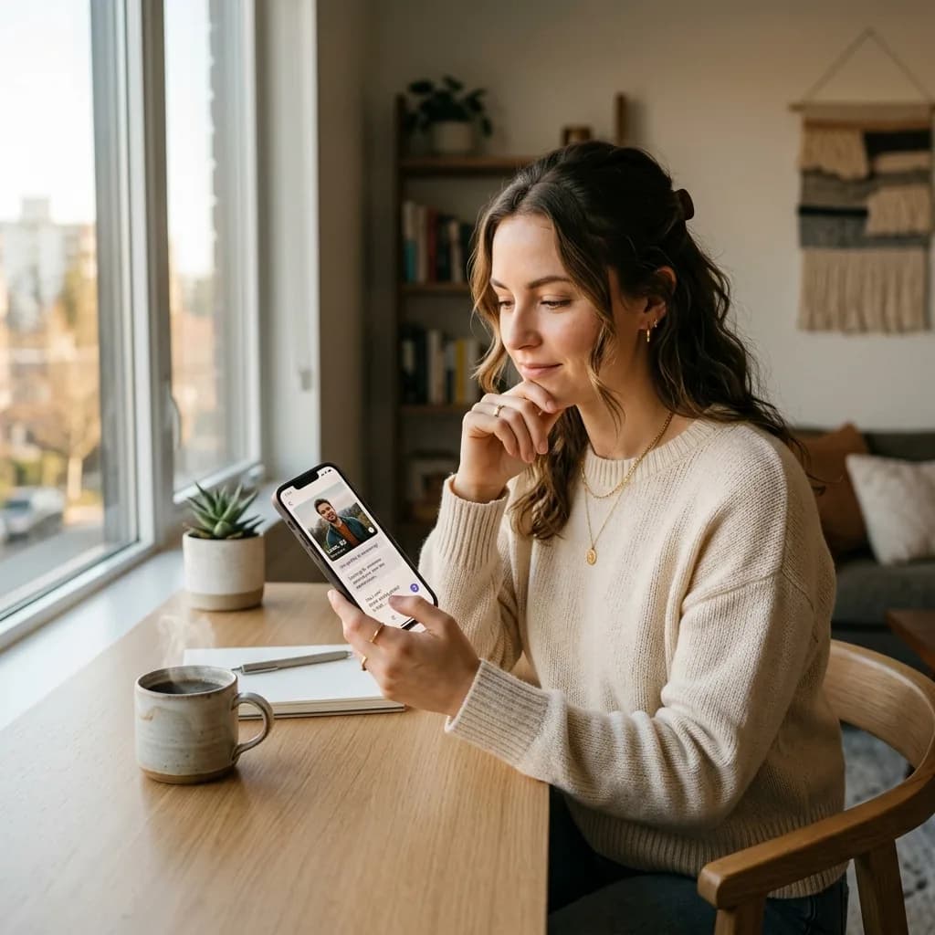 First Message Ideas for Hinge Person crafting a thoughtful first message on Hinge dating app at a modern desk