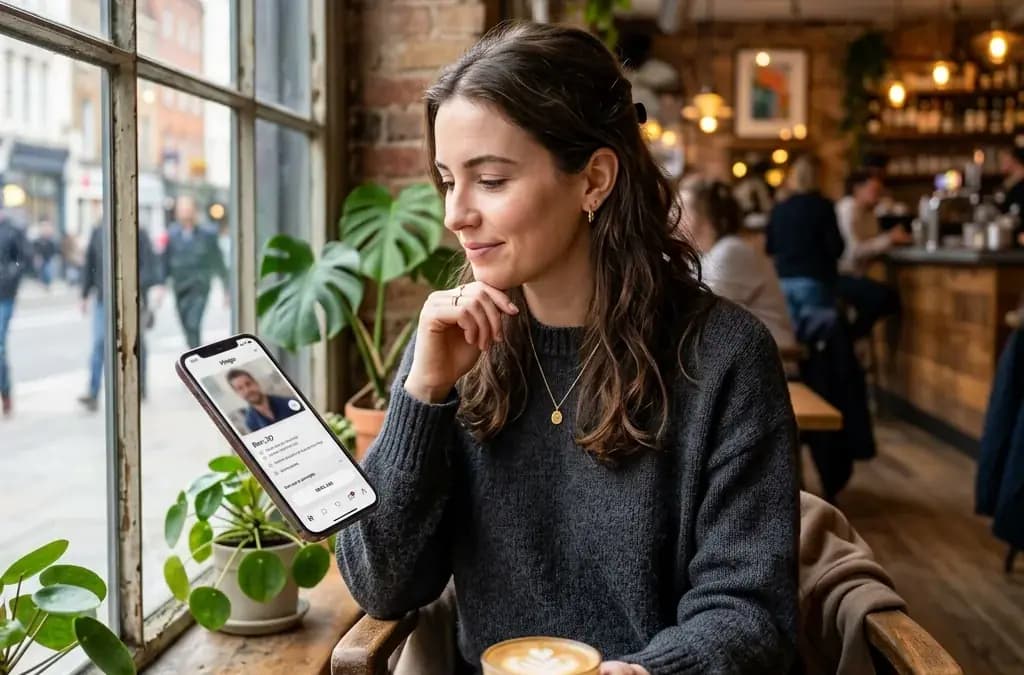 Person reading a dating app profile on their phone at a trendy urban cafe by a window Person reading a dating app profile on their phone at a trendy urban cafe by a window