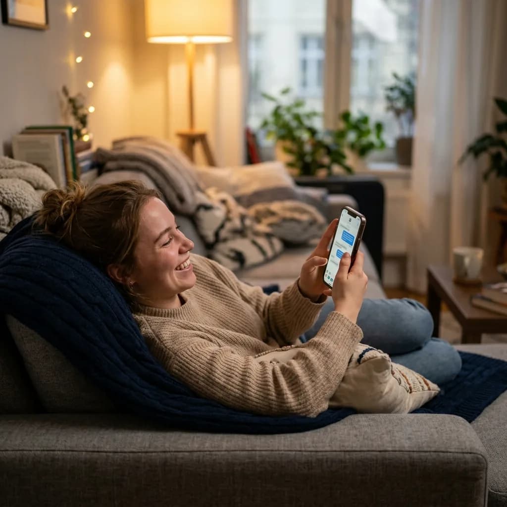 Young person lying on a couch engaged in a great text conversation on their phone Young person lying on a couch engaged in a great text conversation on their phone