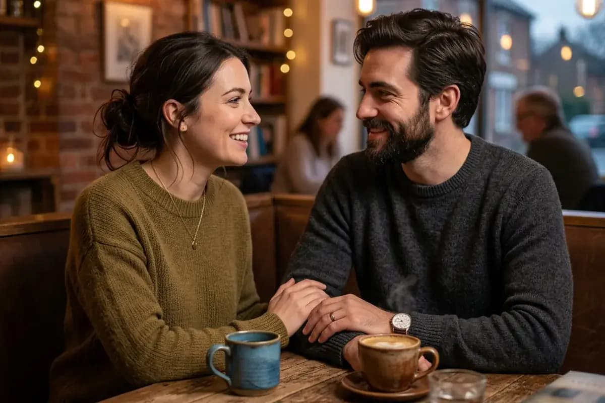Happy introvert couple having a quiet intimate conversation at a cozy cafe Happy introvert couple having a quiet intimate conversation at a cozy cafe