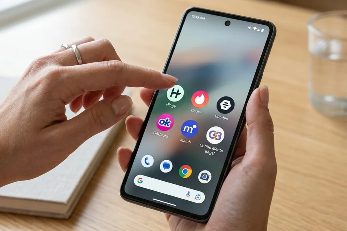 Smartphone showing multiple dating app icons representing choosing the right app Smartphone showing multiple dating app icons representing choosing the right app