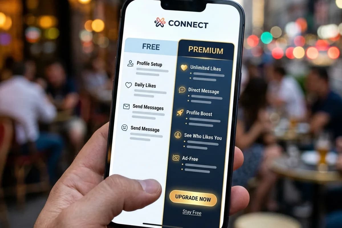 Phone screen showing dating app with free vs premium comparison Phone screen showing dating app with free vs premium comparison