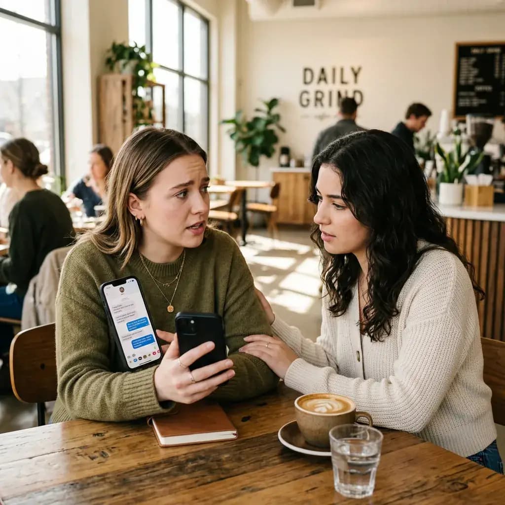 Person talking to trusted friend at coffee shop seeking outside perspective about suspicious relationship Person talking to trusted friend at coffee shop seeking outside perspective about suspicious relationship