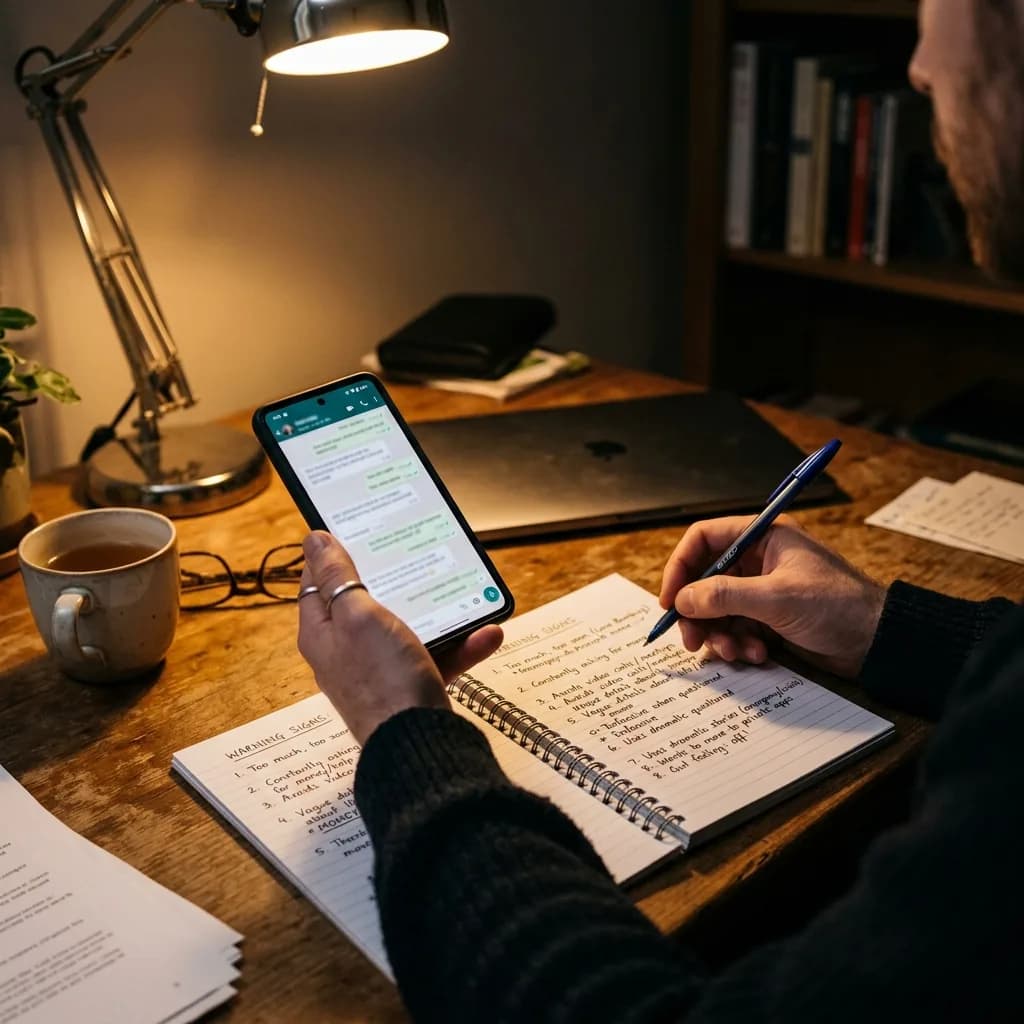 Person evaluating suspicious chat messages while taking notes about warning signs Person evaluating suspicious chat messages while taking notes about warning signs