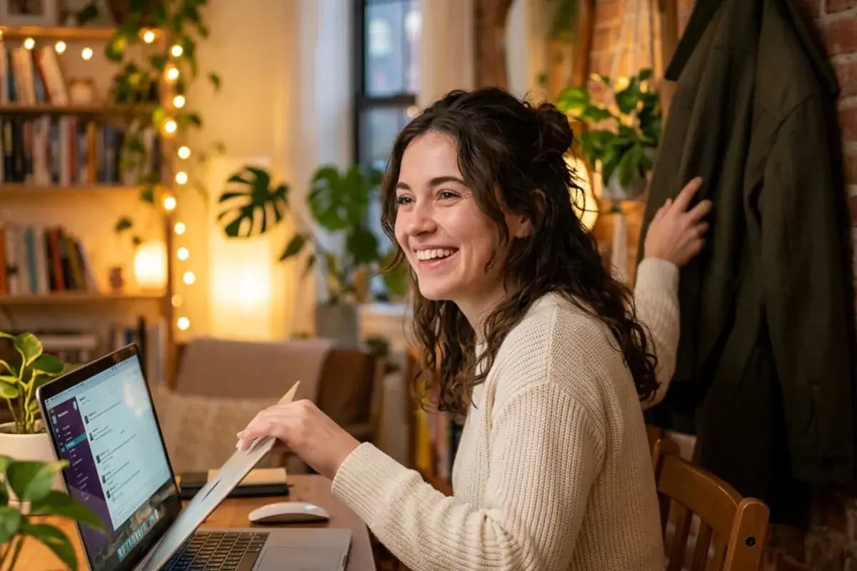 Person closing laptop with happy expression after successful pre-date video call Person closing laptop with happy expression after successful pre-date video call
