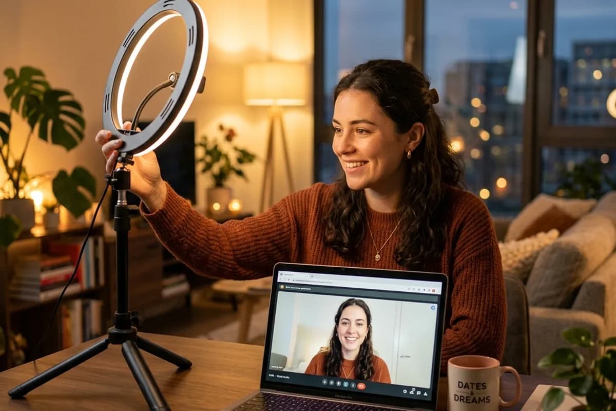 Person adjusting lighting before a safe pre-date video call Person adjusting lighting before a safe pre-date video call
